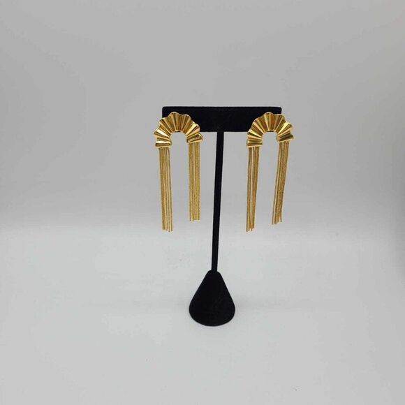 J Crew 3" Sculpted Gold Tone Fan Fringe Earrings NWOT! - Picture 8 of 8